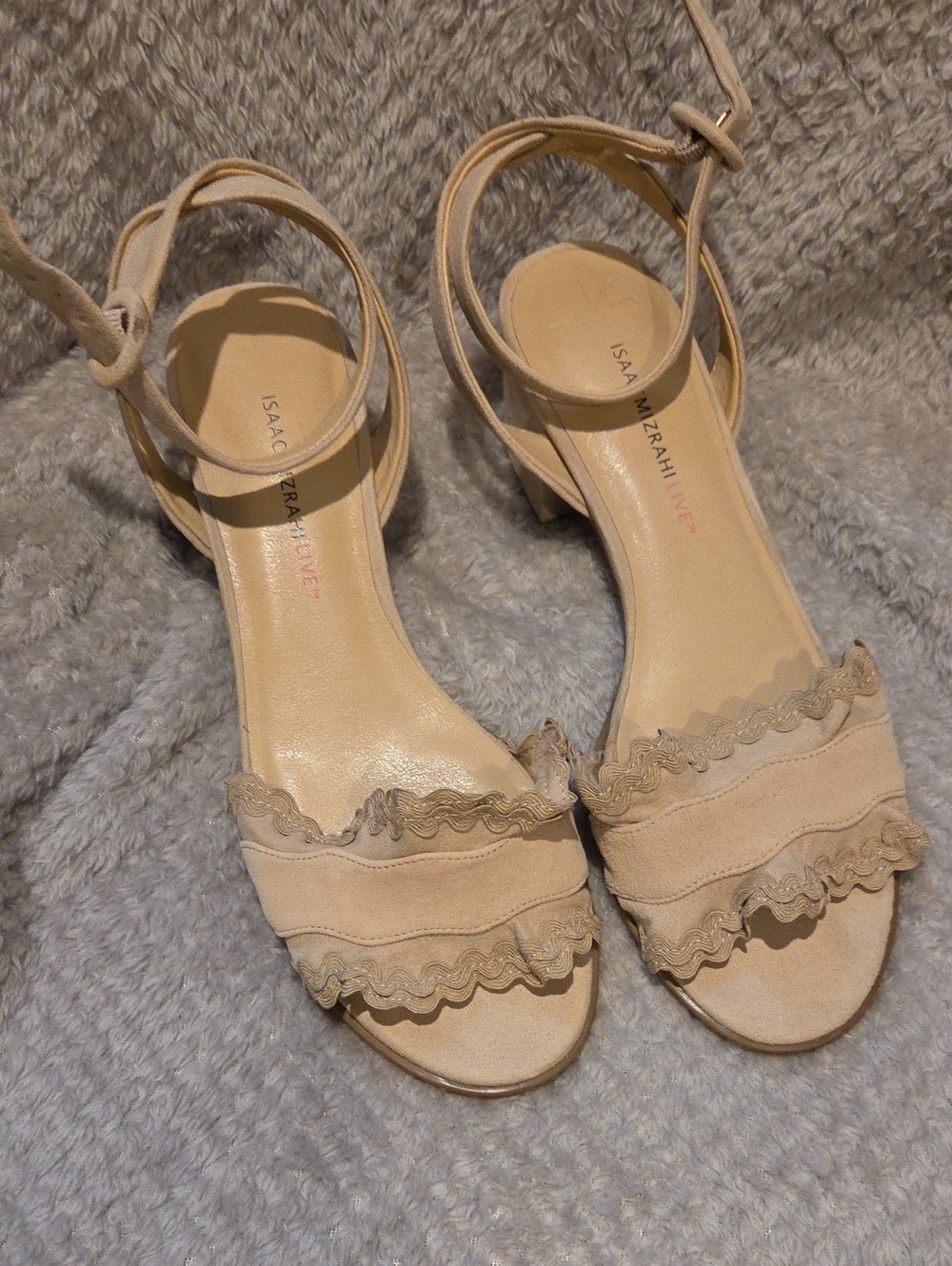 Isaac Mizrahi Beige Ruffle Ankle-Strap Block Heels